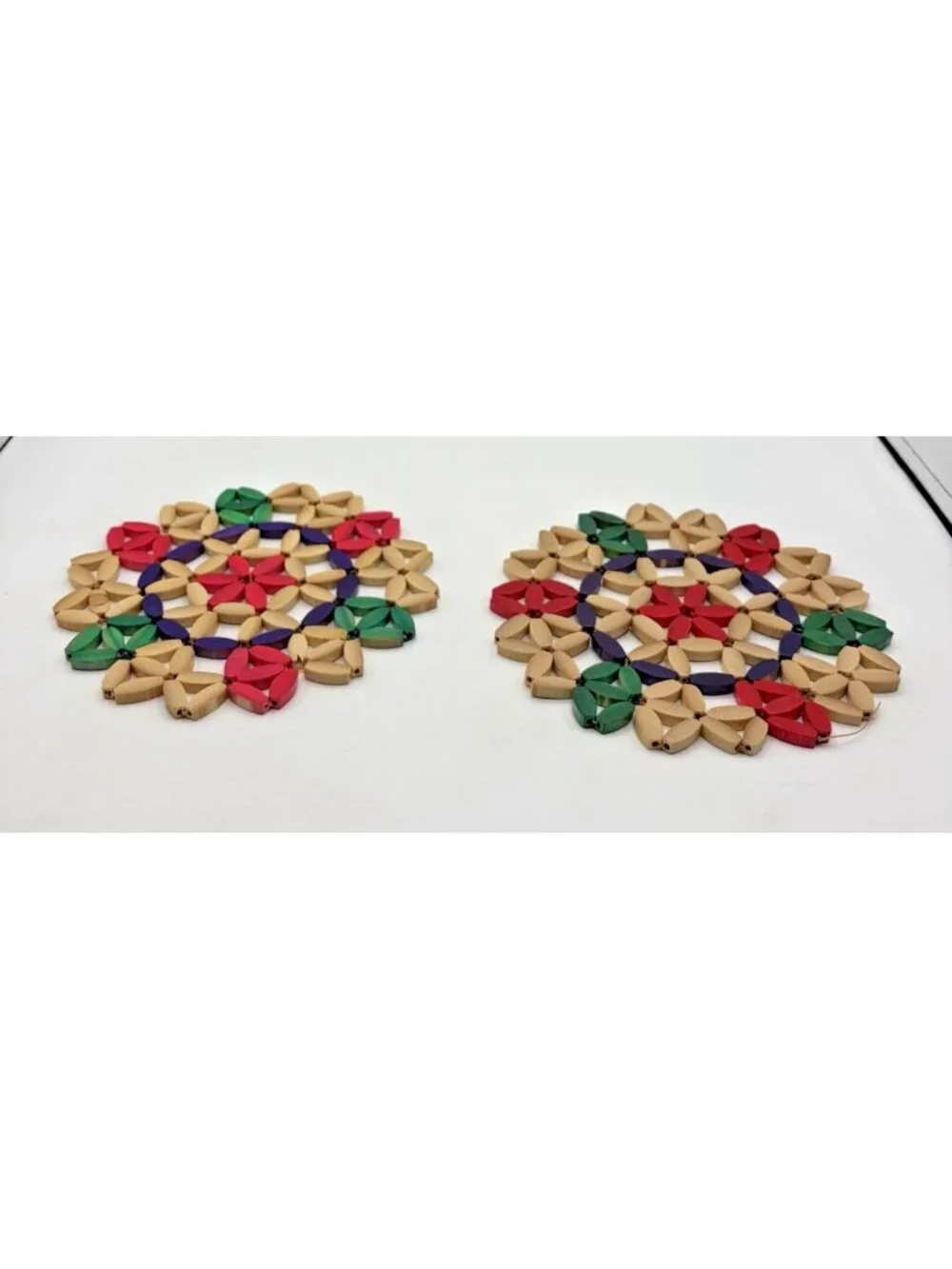 Vintage Folk Art Wooden Bead Trivets Red Green Natural Lot of 2 Hot Pad Pot Mat
